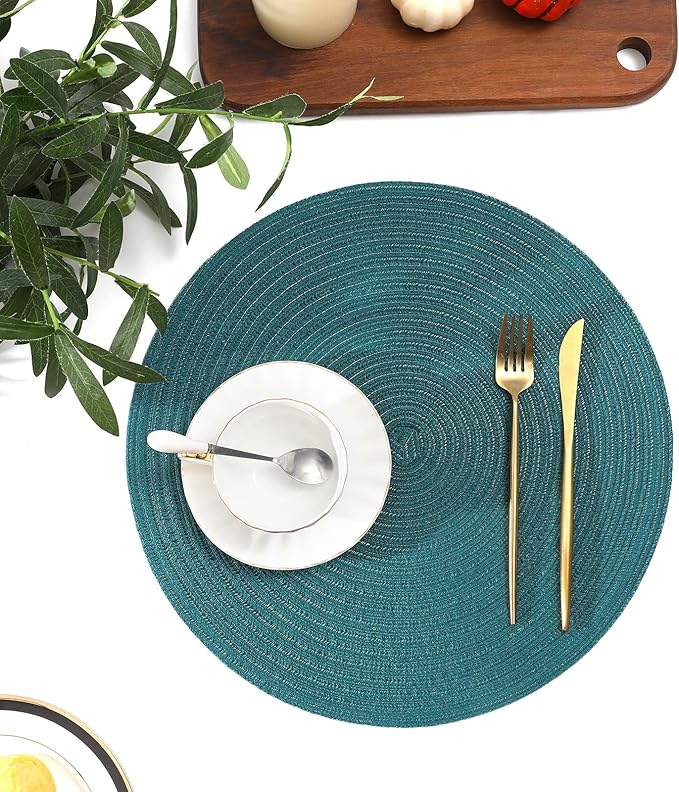 SHACOS Round Placemats Set of 4 Woven Braided Table Placemats 15 inch Circle Place Mats Washable Non Slip Table Mats for Home Wedding Party, Teal Green