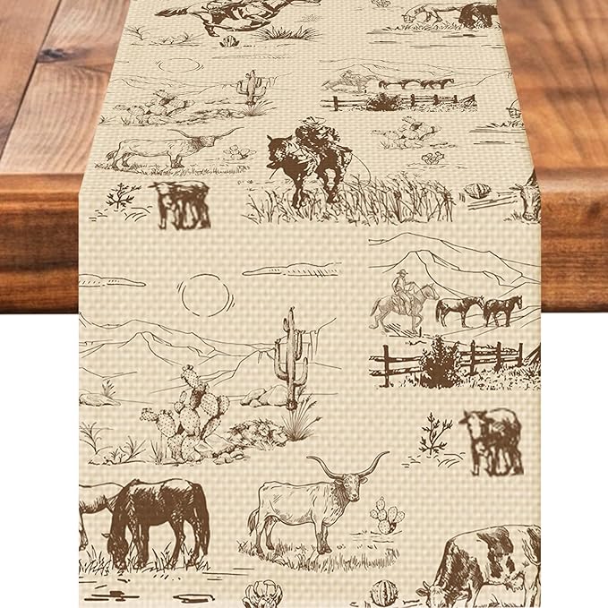 Cowboy Farm Table Runner Seasonal Spring Fall Kitchen Dining Linen Table Decoration for Indoor Outdoor Home Party Dinner 13x72 Inch