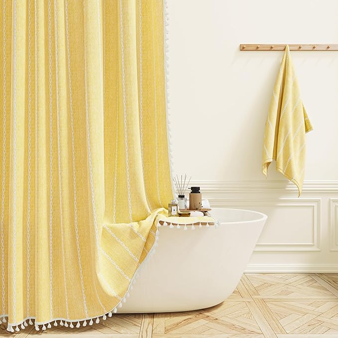 BTTN 78 Inch Long Shower Curtain - Boho Farmhouse Linen Thick Striped Fabric Shower Curtain Set with Plastic Hook, Tall Rustic Country Modern Luxury Cloth Shower Curtains for Bathroom - Yellow - 72x78