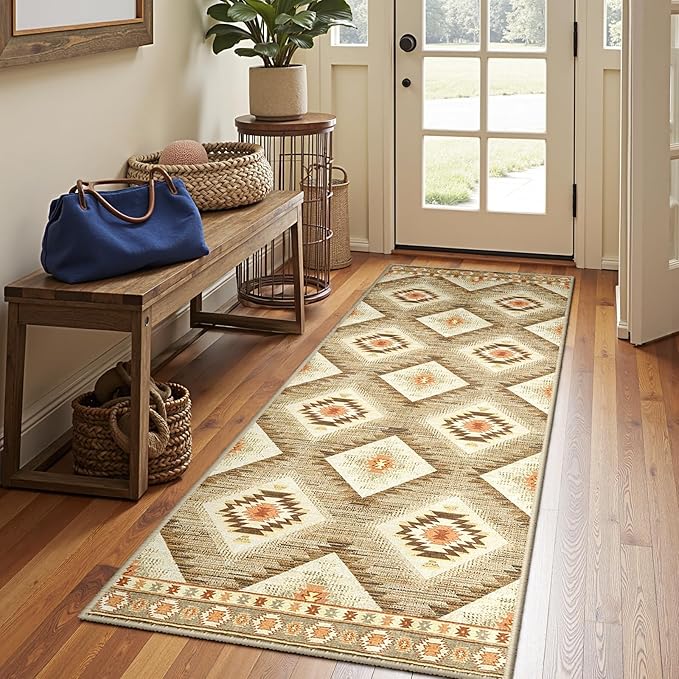 Area Rug 2x10 Rug Machine Washable Non-Slip Low Pile Print Pattern Western Rug for Living Room Bedroom Entryway Tribal Series -Cream/Camel