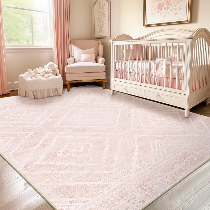 Area Rug 9x12 Rug Machine Washable Non-Slip Low Pile Print Pattern Western Rug for Living Room Bedroom Entryway Tribal Series -Light Pink/Cream