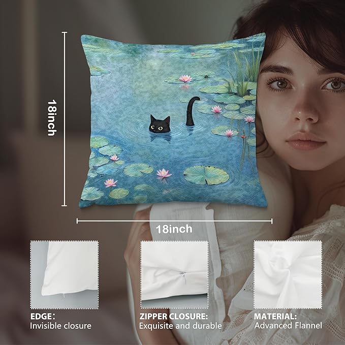 Black Cat Art Painting Throw Pillow Covers 18x18, Aesthetic Black Cat Decor Pillow Covers, Vintage Cats Decor for Room Bedroom, Cats Lovers Lady Mom Grandma Gifts