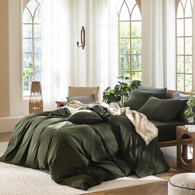 MooMee Bedding Duvet Cover Set 100% Washed Cotton Linen Like Textured Breathable Durable Soft Comfy (Solid Olive Green, Super King 108"x98")