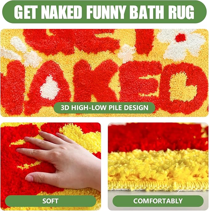 Get Naked Bath Rug, Fun Bathroom Rug,Yellow Bath Rugs Long Bath Mat Funny Bathroom Non Slip Microfiber Plush Cool Mat for Washable Absorbent Bathtub,Bedroom and Shower 20"x40"