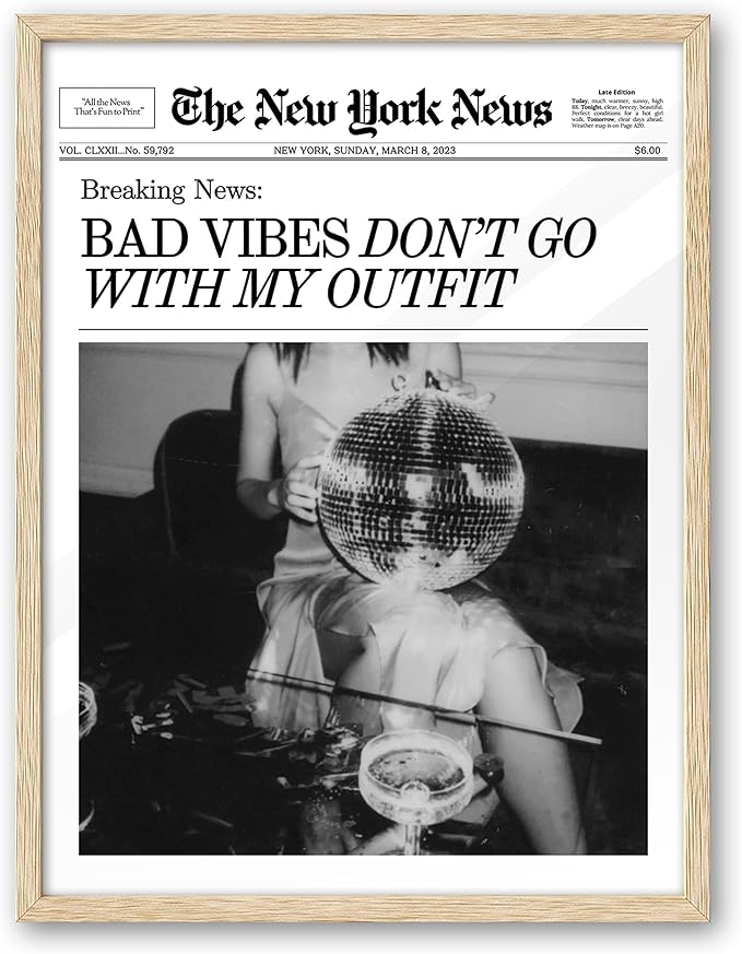 EcoHest Small Trendy Newspaper Magazine Framed Wall Art, 8x10 in OAK Wood Bad Vibes Don't Go With My Outfit Disco Bar Canvas Wall Art, Preppy Retro Home Decor For Bedroom Living Room 1Pack
