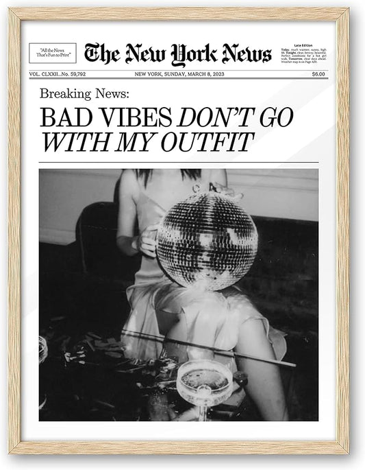 EcoHest Small Trendy Newspaper Magazine Framed Wall Art, 8x10 in OAK Wood Bad Vibes Don't Go With My Outfit Disco Bar Canvas Wall Art, Preppy Retro Home Decor For Bedroom Living Room 1Pack