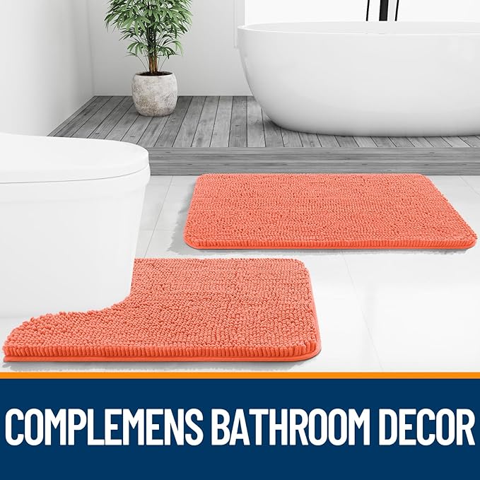 OLANLY Bathroom Rugs 44x24, Extra Soft Absorbent Chenille Bath Rugs, Rubber Backing Quick Dry, Machine Washable Bath Mats for Bathroom Floor, Tub and Shower, Home Decor Accessories, Coral