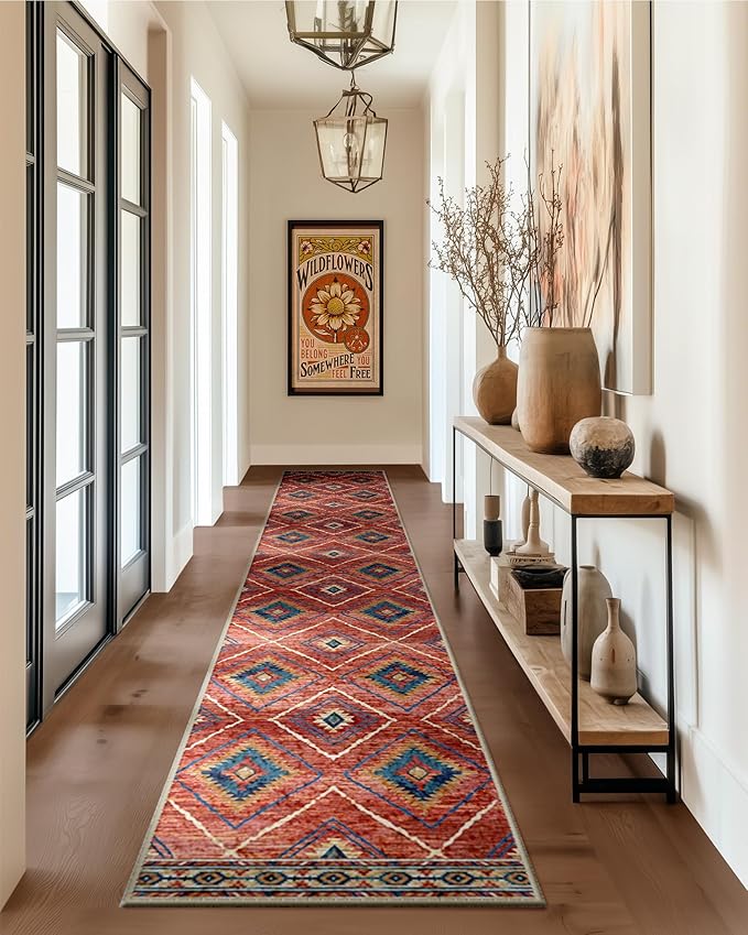 Area Rug 2x10 Rug Machine Washable Non-Slip Low Pile Print Pattern Western Rug for Living Room Bedroom Entryway Tribal Series -Red/Orange