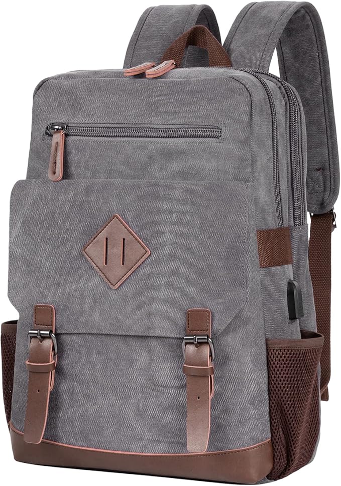 Modoker Vintage Backpack for Men Women, Canvas Bookpack Fits Most 15.6 Inches Computer and Tablets, Rucksack Backpack with USB Charging Port, Grey