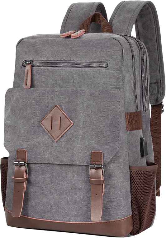 Modoker Vintage Backpack for Men Women, Canvas Bookpack Fits Most 15.6 Inches Computer and Tablets, Rucksack Backpack with USB Charging Port, Grey