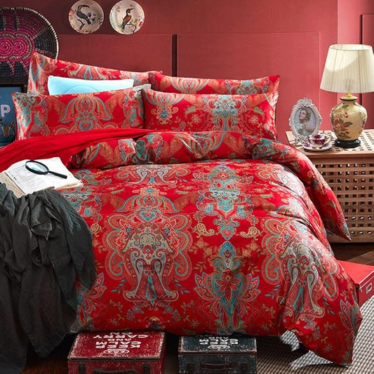 mixinni King Size Duvet Cover Set Paisley Light Blue Long Staple Cotton Percale Farmhouse Pattern Duvet Cover on Red Vintage Floral Bedding Comforter Cover with 2 Pillowcases Perfect for Him and Her