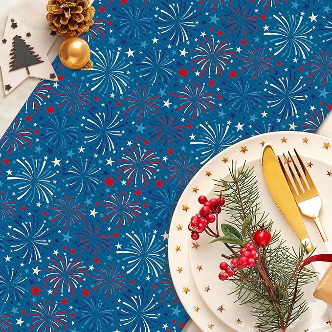 4July Blue Firework Burlap Table Runner Seasonal Spring Fall Kitchen Dining Linen Table Decoration for Indoor Outdoor Home Party Dinner 13x72 Inch