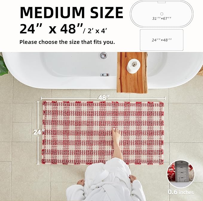 Waffle Bath Mat, Boho Bathroom Rugs Non Slip Washable Absorbent Checkered Bathroom Mat Quick Dry Cute Bath Mat, 48"x24" Red and White