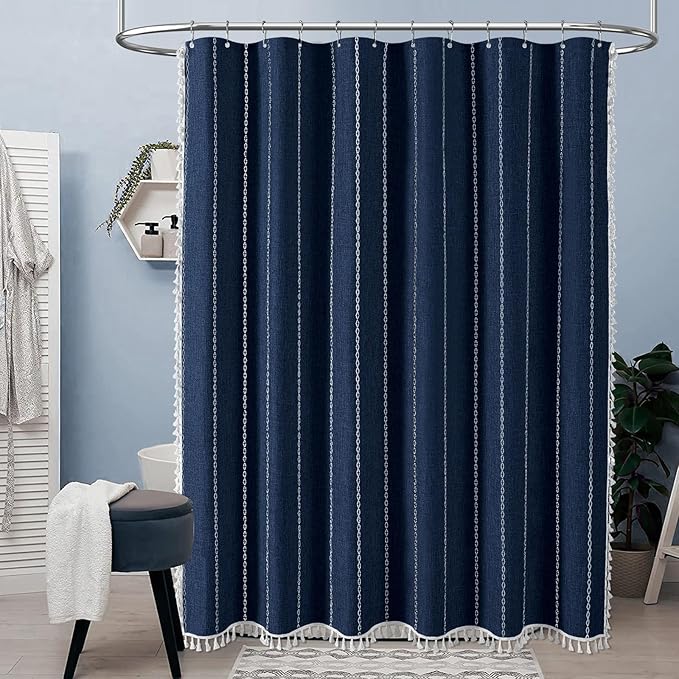 BTTN Stall Shower Curtain - 60x72 Narrow Boho Farmhouse Linen Vintage Striped Fabric Shower Curtain Set with 10 Hooks, Bohemian Cottage Decorative Heavy Duty Shower Curtains for Bathroom - Navy Blue
