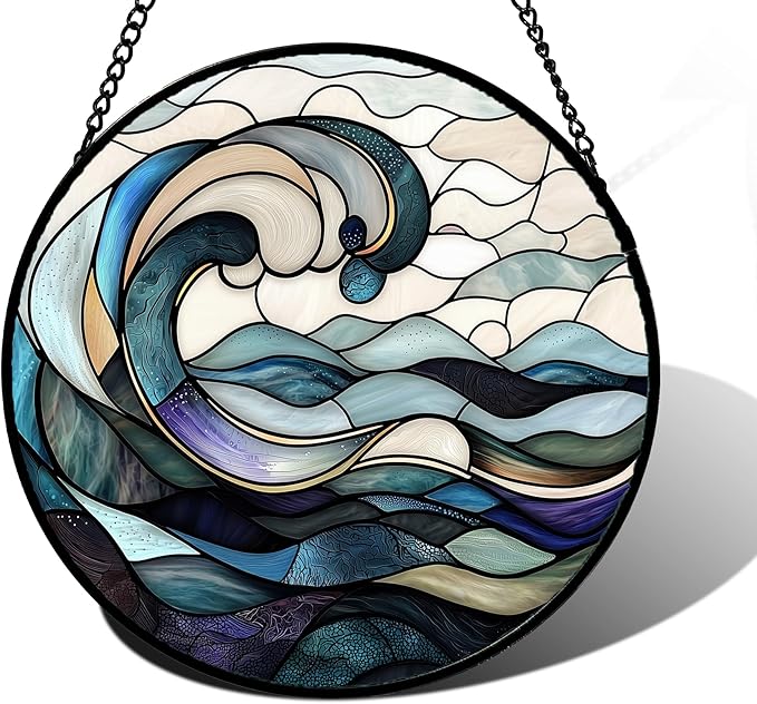 Stained Glass Window Hanging, Ocean Waves Sun Catchers Diamond Glass Panel Hangings Abstract Suncatcher Decor for Birthday for Women, Men, Wife, Aunt, and Mom 9.8 in