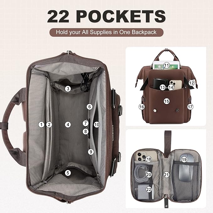 LOVEVOOK Laptop Backpack for Women Work Teacher Backpack, Business Computer Bag Doctor Nurse Bags, College Backpack Purse Laptop Bag, Waterproof Anti-theft Large Travel Back Pack, 17 Inch, Coffee