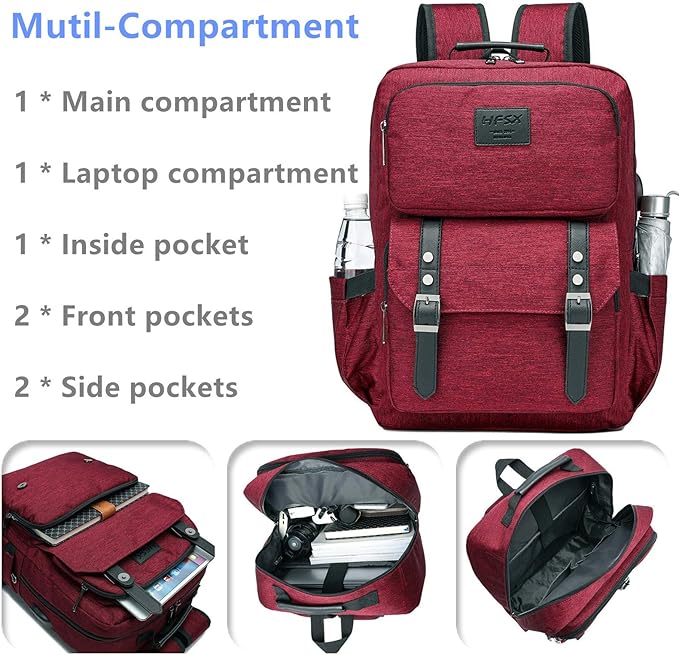 HFSX Laptop Backpack Women Men College Backpacks Bookbag Vintage Backpack Book Bag Fashion Back Pack Anti Theft Travel Backpacks with Charging Port fit 15.6 Inch Laptop Red