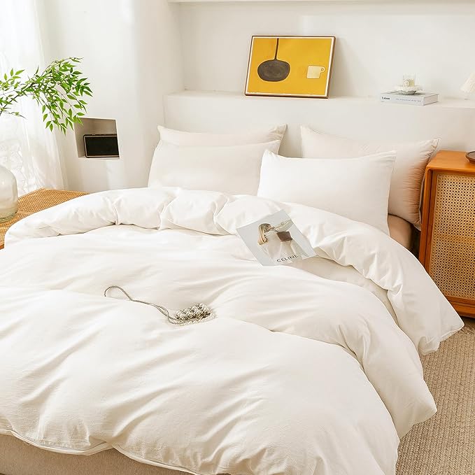ECOCOTT White Duvet Cover Full Size, 100% Washed Cotton 1 Duvet Cover with Zipper and 2 Pillowcases, Ultra Soft and Easy Care Breathable Bedding Set (White, Full)