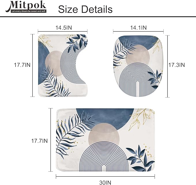 4 PCS Navy Blue Gray Boho 72Wx72H Shower Curtain Set Modern Mid Century Plant Bath Rug Toilet Lid Cover Nonslip U Shape Mat Quick Dry Rubber Backed Dirt Resistant Accessories Bathroom Decor
