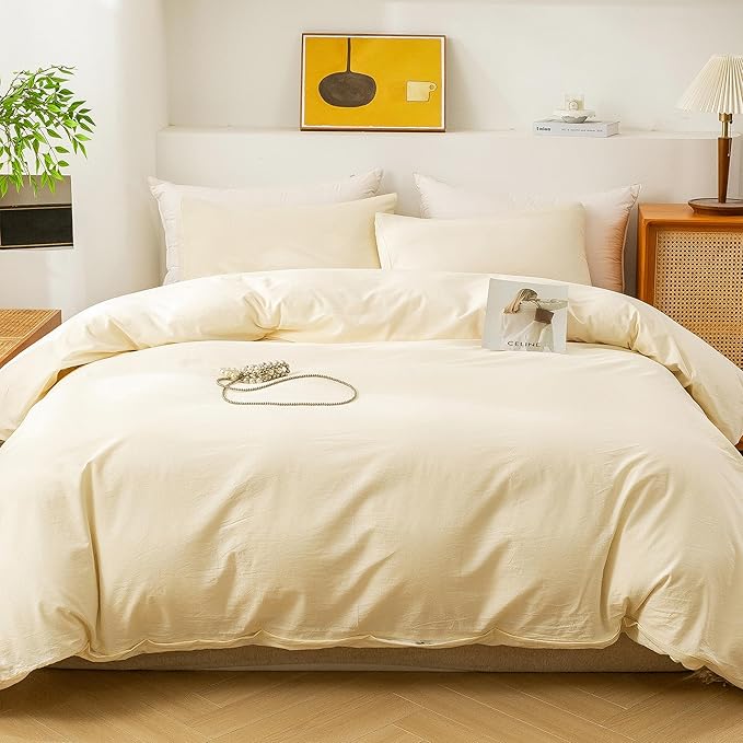 ECOCOTT Duvet Cover Queen Size - 3 Piece 100% Washed Cotton Bedding Set, Soft and Breathable with Zipper Closure & 8 Corner Ties - Comfortable and Stylish for All Seasons (Cream)