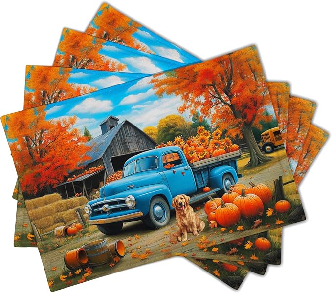 Giwawa Fall Truck Placemats Set of 4 Autumn Maple Tree Pumpkins Sunflowers Dog Decorative Linen Table Place Mat 12x18 Inch Non Slip Heat Resistance for Kitchen Dining Party Thanksgiving