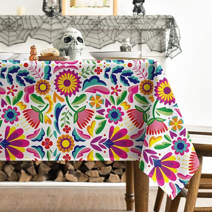 Horaldaily Mexico Tablecloth 60x140 Inch Rectangular, Halloween Cinco De Mayo Fiesta White Washable Seasonal Table Cover for Party Picnic Dinner Decor