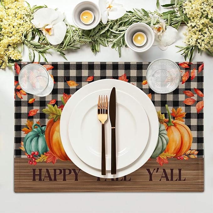 Giwawa Happy Fall Y'all Placemats Set of 4 Colorful Autumn Thanksgiving Pumpkins Leaves Decorative Linen Table Mat 12x18in Black Buffalo Plaids Non Slip Place Mat for Kitchen Dining Party Holiday