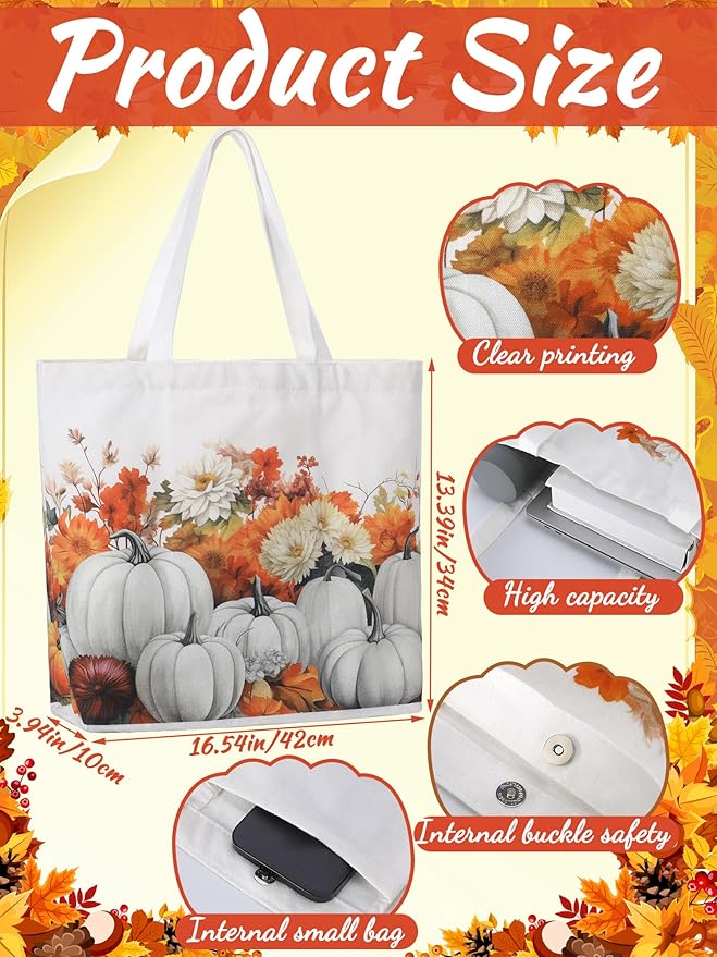Bencailor 2 Pcs Fall Canvas Tote Bag Thanksgiving Pumpkin Maple Leaf Tote Pouch Cute Aesthetic Reusable Grocery Bag for Women