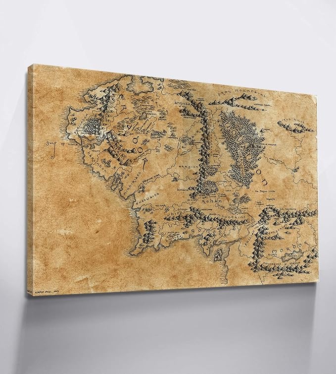 Map of Middle Earth Wall Decor - Middle Earth Map Wall Art with Inner Wooden Frame, Lightweight & Easy Hanging, Paintings for Game Room & Bedroom, 12x18 Inches