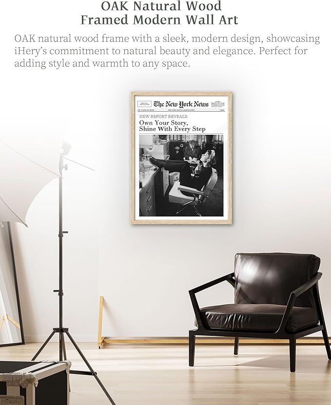 iHery Natural OAK Wood Audrey Hepburn Framed Wall Art, 12x16 in Own Your Story Shine With Every Step Canvas Wall Decor, Modern Trendy Newspaper Bedroom Decor, Set of 1 For Bathroom Living Room