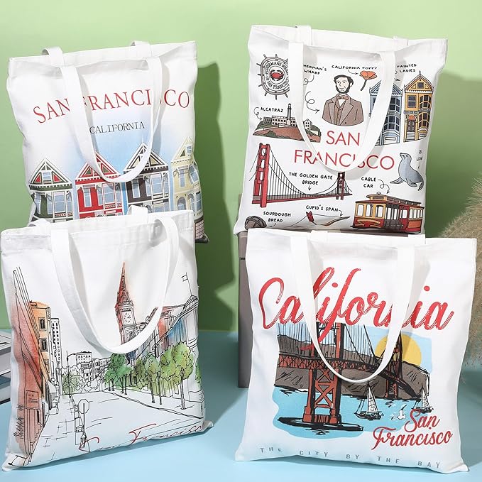 Paterr 4 Pcs City Souvenir Tote Bag-New York Chicago Seattle Los Angeles Boston San Francisco Paris Italy Las Vegas Nashville