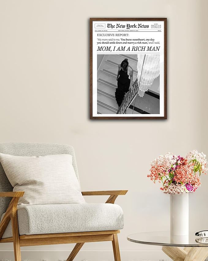 EcoHest Trendy Newspaper Framed Wall Art, Walnut Color 12x16 in OAK Wood Mom I Am a Rich Man Canvas Art, Magazine Girly Poster College Dorm Decor, Set of 1 for Bedroom Living Room