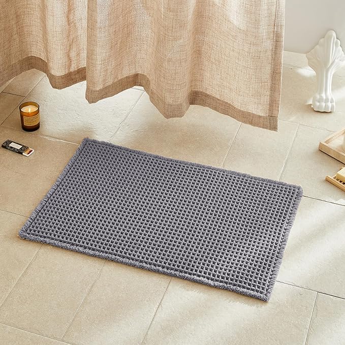 Waffle Bath Mat, Boho Bathroom Rugs Non Slip Washable Super Absorbent Quick Dry Bath Mat Farmhouse Bathroom Decor, 30"x20" Grey