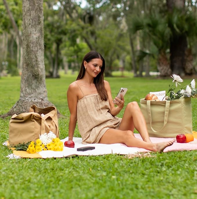 VeraMia Canvas Grocery Bag 3pc XL Set with Real Pockets, Long Shoulder Strap and Short Handle. Heavy Duty, Foldable, Washable