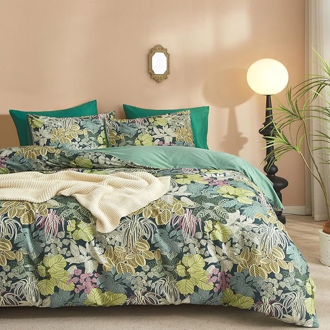 mixinni 100% Cotton Tropical Botanical Green Leaves Duvet Cover Queen Tree Plant Print Leaf Duvet Cover 3Pcs Bedding Set 1 Duvet Cover with Zipper Ties 2 Pillowcases Perfect for Him and Her Easy Care