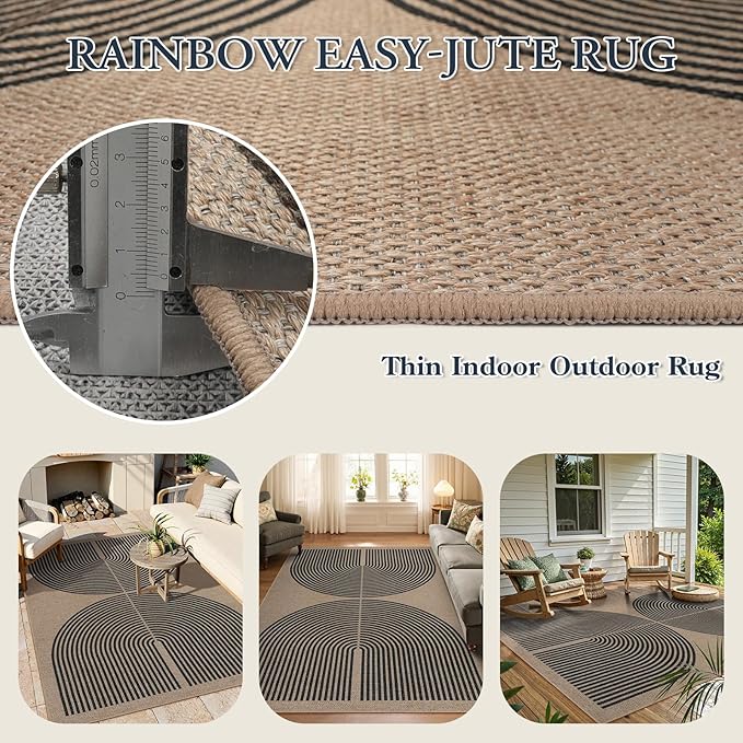 Lahome Modern Rainbow Easy Jute Rug, Washable Rugs 5x7 for Living Room Bedroom Black Farmhouse Indoor Outdoor Patio Carpet, Contemporary Natural Throw Mat Non Slip Carpet for Office RV