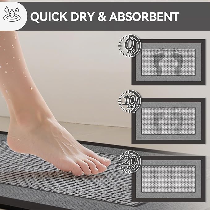 Non Slip Thin Bath Mat Bathroom Rugs, Rubber Backing Ultra Thin Bathroom Rug Fit Under Door, Quick Dry Super Absorbent Washable Shower Bath Mats, Grey 24x36