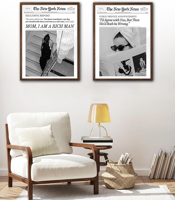 EcoHest Trendy Newspaper Framed Wall Art, 12x16 in OAK Wood Walnut Color Cool Girl Canvas Art, Magazine Bar Cart Print College Dorm Decor, Set of 1 for Bedroom Living Room