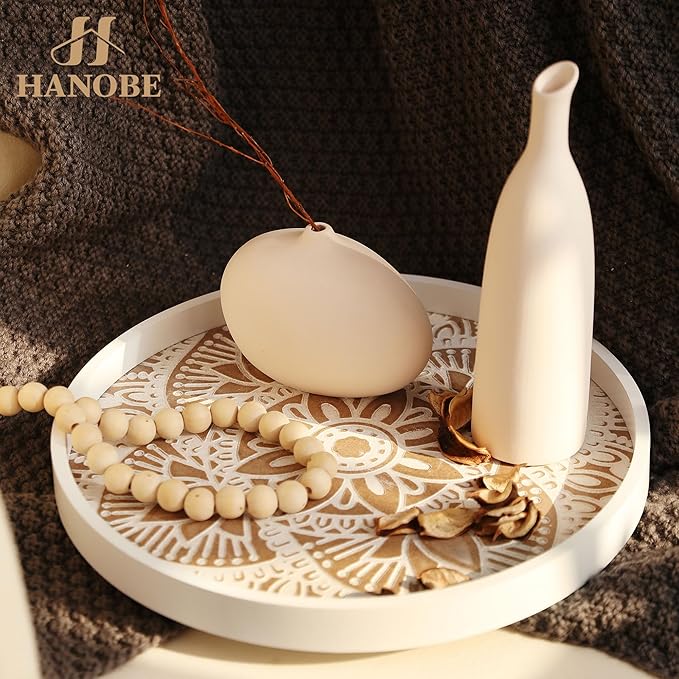 Hanobe Decorative Serving Tray Round: 2Pcs Farmhouse Coffee Table Decor with White Boho Bead Garland - Mandala Trays for Living Room Kitchen Centerpiece Display