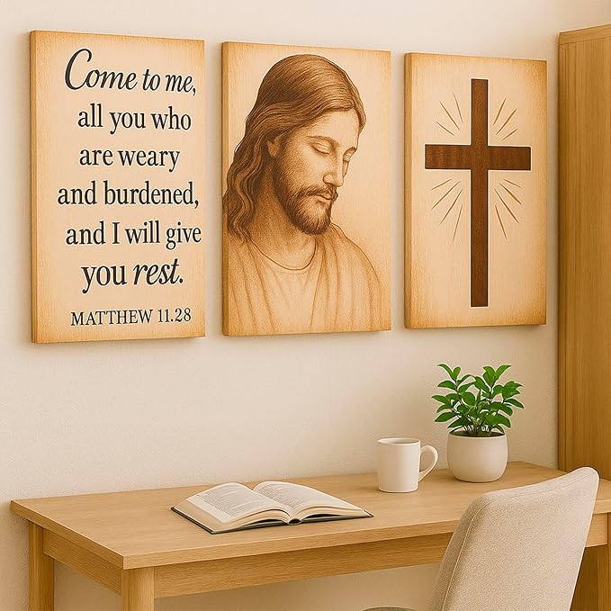 DoawBang Rustic Farmhouse Wall Art Set of 3– Jesus Portrait, Cross, and Scripture – Wooden Frame Canvas Prints, “Come to Me” Matthew 11:28, Christian Home Decor for Living Room, Prayer Room, 12"x16"