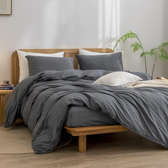 BESTOUCH Duvet Cover Set 100% Washed Cotton Linen Feel Super Soft Comfortable Chic Lightweight 3 PCs Home Bedding Set Solid Dark Black Full/Double
