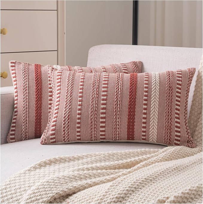 Boho Throw Pillow Covers 12x20 Inch Set of 2, Farmhouse Decorative Couch Pillow Cases, Rust Accent Pillows of Bed, Sofa Bedroom Living Room Home Decor Cushion Cover