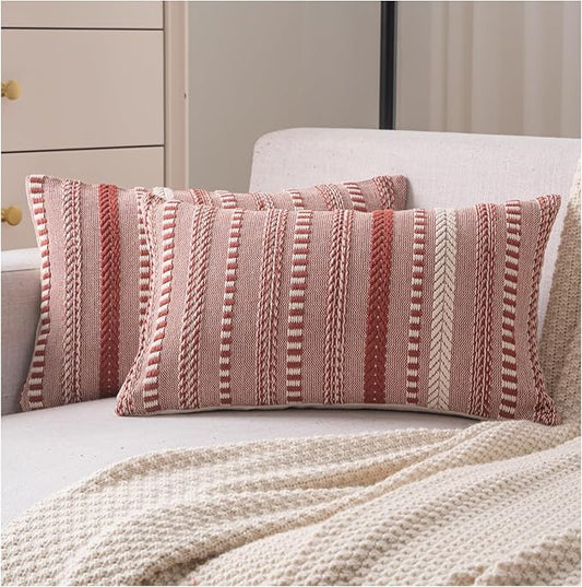 Boho Throw Pillow Covers 12x20 Inch Set of 2, Farmhouse Decorative Couch Pillow Cases, Rust Accent Pillows of Bed, Sofa Bedroom Living Room Home Decor Cushion Cover