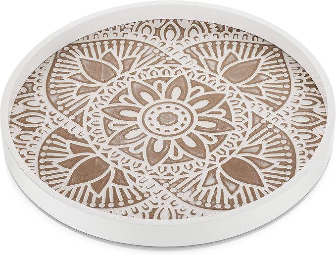 Hanobe Decorative Serving Tray Round: Farmhouse Coffee Table Decor Boho White Mandala Trays for Living Room Kitchen Centerpiece Display