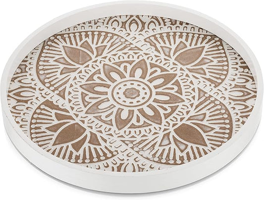 Hanobe Decorative Serving Tray Round: Farmhouse Coffee Table Decor Boho White Mandala Trays for Living Room Kitchen Centerpiece Display