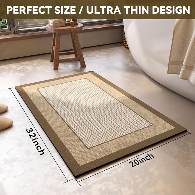 Non Slip Thin Bath Mat Bathroom Rugs, Rubber Backing Ultra Thin Bathroom Rug Fit Under Door, Quick Dry Super Absorbent Washable Shower Bath Mats, Khaki 20x32
