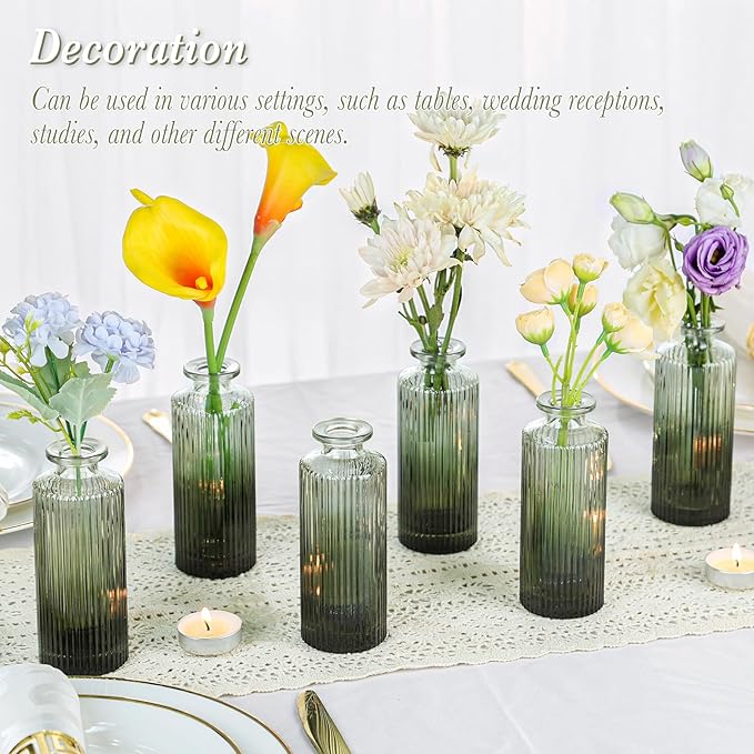 Green Glass Bud Vases Set of 12, Mini Ribbed Flower Vase for Centerpieces, Small Glass Vases in Bulk for Wedding Decorations, Vintage Vase for Table, Housewarming Gift, Home Décor