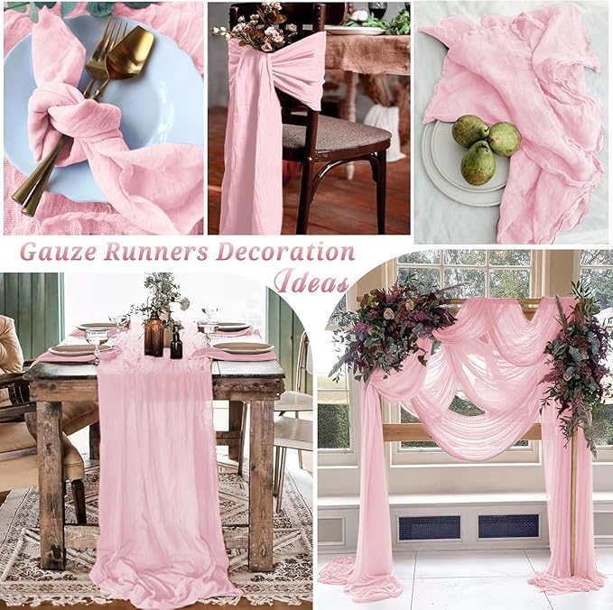 16 Pack Pink Cheesecloth Table Runner, 35x120 Inch Boho Gauze Table Runners, Cheese Cloth Long Table Runner Elegant Table Runners for Party Wedding Bridal Shower Table Decor (Pink)