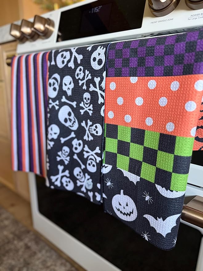 || 3 Pack|| Double Sided Dish Towels || Waffle Weave Microfiber || Tea Towels || Highly Absorbent || Hanging Loop || Dish Cloths || Modern || Designer Prints (Halloween Multi)