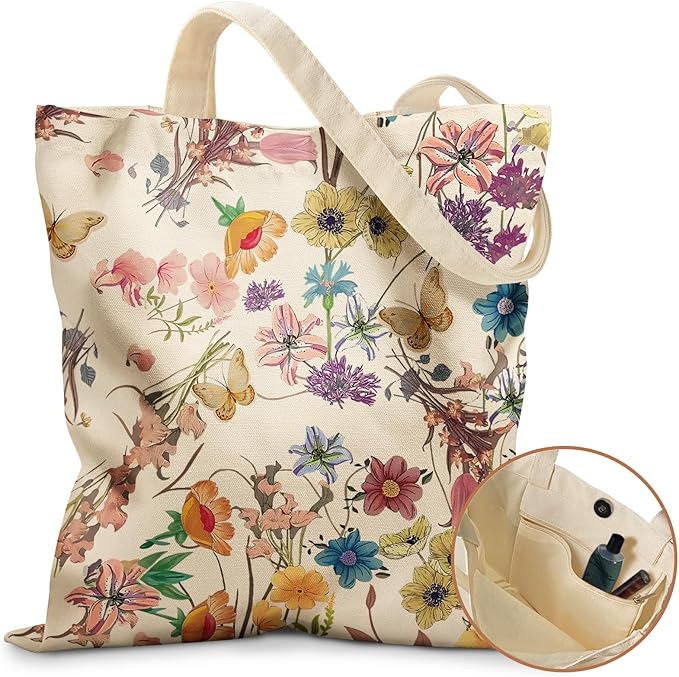 Aesthetic Tote Bag for Girls - with Magnetic Buckle and Zipper Inner Pocket for Women Lady Canvas Cotton Tote Bag